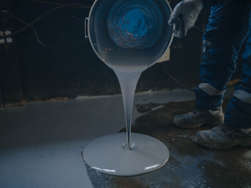 A worker pours a thick, white substance from a bucket onto a concrete floor to create a decorative epoxy resin flooring.